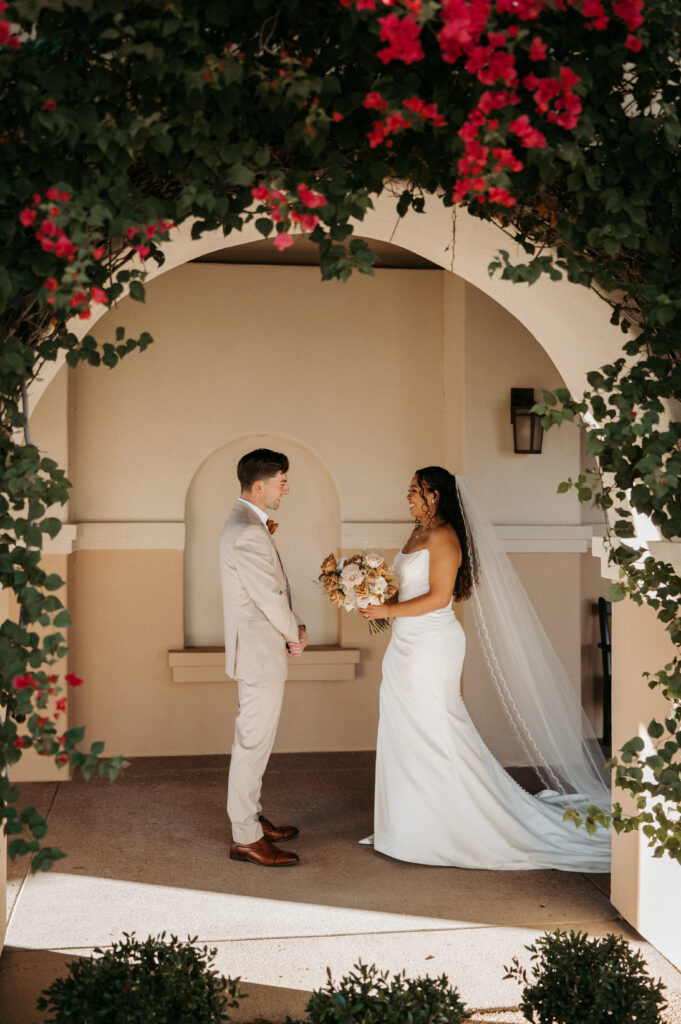 Bride walking up to Groom during first look